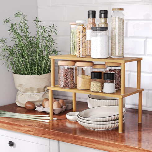 Set of 2 Bamboo Cabinet Organizer Shelves, Stackable Expandable Spice Rack for Kitchen Countertop and Cabinet Storage