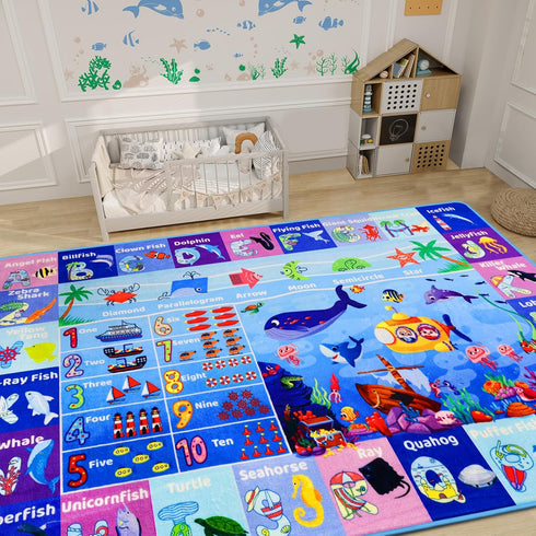 DINSUMRUG 59"39.4" ABC Kids Rug for Playroom Ocean Rug Baby Play Mat Alphabet Mat Sea Animal Number Shape Classroom