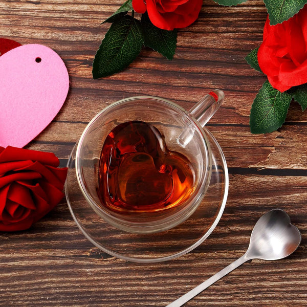 Patelai Heart Shaped Double Walled Glass Insulated Coffee Mug, 180 Ml, 6 oz Cappuccino Cup with Saucer & Spoons