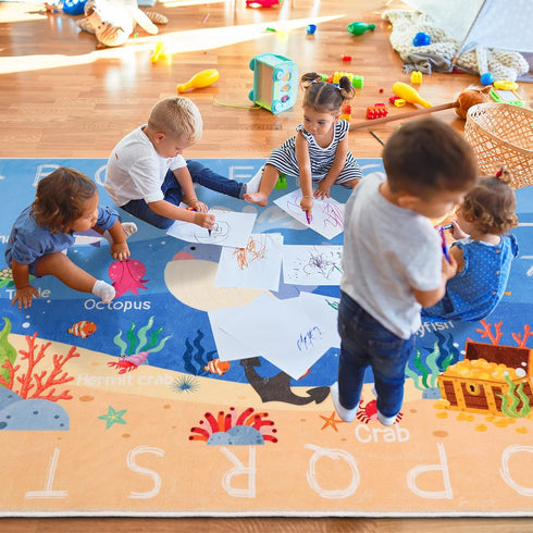 Playroom,59"X39.4" Kids Rugs for ABC Alphabet Whale Kids Rug,Non-Slip Ocean Kid Rug Play Mat,Washable Educational