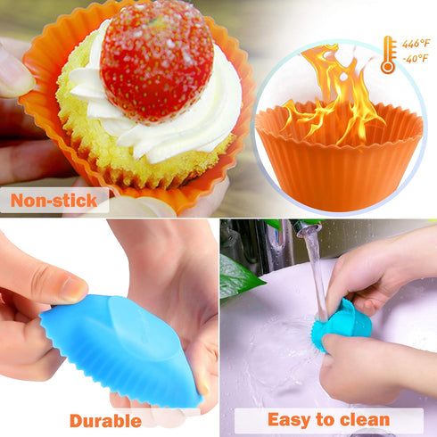 IPOW 24 Pack Reusable Silicone Cupcake Baking Cups, Food-Grade BPA Free Non-Stick Muffin Liners, 2 Shapes Round