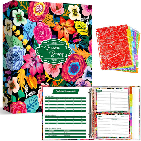 Recipe Binder Kit 9.5 inch x 11 inch with 50 Protectors, 100 Cards & 8 Dividers