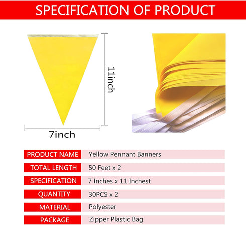 100 Feet Solid Yellow Pennant Banner Flags String, Triangle Bunting Flags for Grand Opening, Birthday Party, Festival