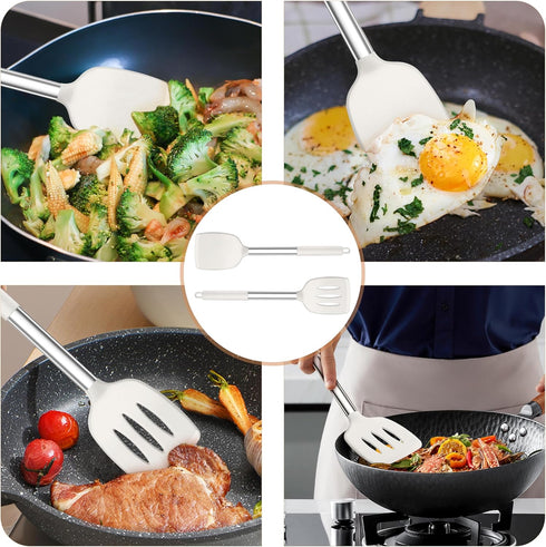TeamFar Kitchen Utensils, 4 PCS Silicone Cooking Utensils with Stainless Steel Handle for Nonstick Cookware, Non-toxic