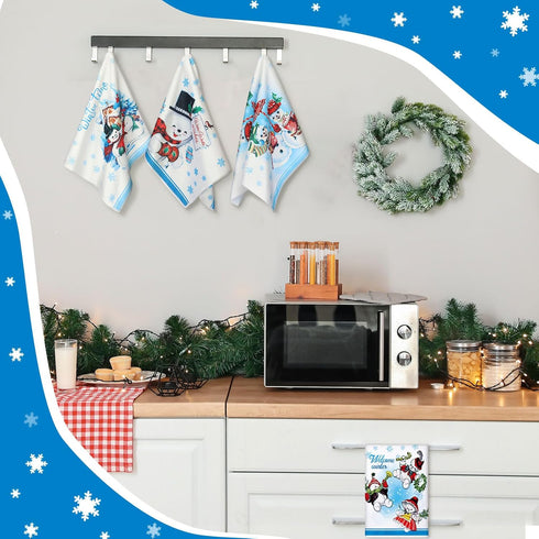 6 FuWeave Pcs Hello Winter Kitchen Towels Snowman Dish Blue Snowflake Tea Christmas Absorbent Hand Drying Towels Let it