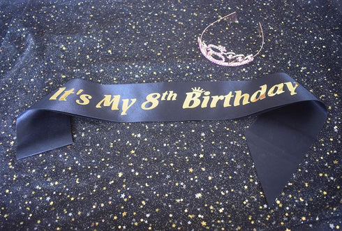8th Pink Birthday Tiara and Sash, Happy 8th Birthday Party Supplies with Glitter Satin Sash and Crystal Crown