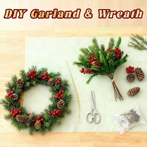 2PCS Bailikang Christmas Artificial Pine Needles Branches Table Decor with Red Berry Pine Cones Greenery Stems