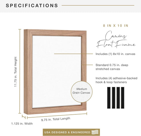 MCS Floating Frame with Canvas, Art Frames for Canvas Paintings with Adhesive Fasteners, Walnut Woodgrain, 8 x 10 Inch