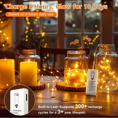 6 Pack 7ft 20LED Dimmable Rechargeable Fairy Lights with Remote & DIY Timer, Silver Wire String Light for Mason Jar