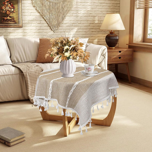 24 24 inch, Summer Boho Small Tablecltoh Square x Spring Cotton Linen Bedside Table Cloth with Tassel, Brown Nightstand