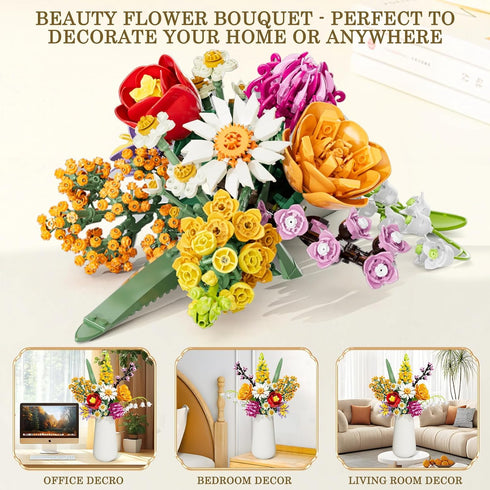 Flowers Bouquet Building Set, 1070PCS Wildflower Botanical Collection, Artificial Plant Flower Kit for Home Decor