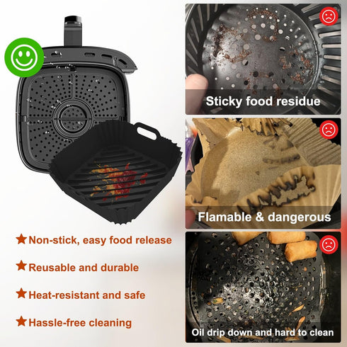 2 Pack Silicone Air Fryer Liners, 8.6 Inch Reusable Baking Tray for 4-7 QT Square Air Fryers