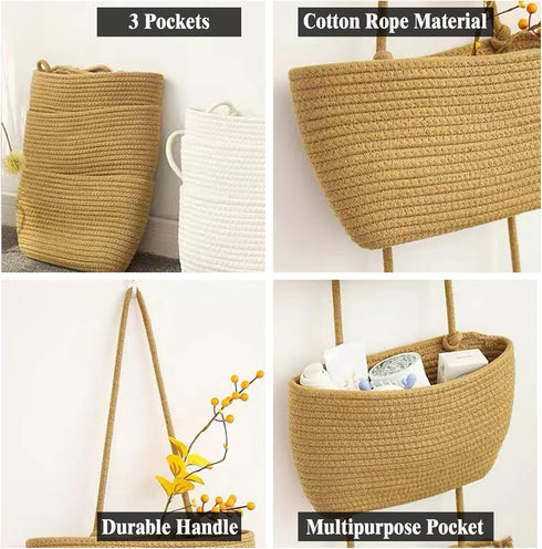 3 AARAINBOW Wall Hanging Cotton Baskets - Large Tier Decorative Baskets for Wall, Nursery, Bathroom (B-Brown)