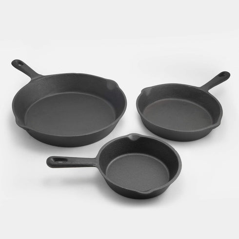 ExcelSteel 3 Pc Skillet Set, Durable Black Cast Iron Kitchenware for Home Stovetop & Outdoor Cooking