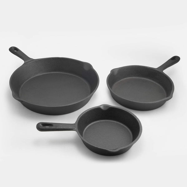 ExcelSteel 3 Pc Skillet Set, Durable Black Cast Iron Kitchenware for Home Stovetop & Outdoor Cooking