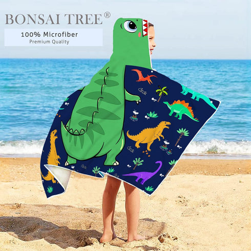30x50" Dinosaur Beach Towel, Dinosaur Towel for Kids with Hood T-rex Hooded Towel for Boys Cool Cartoon Microfiber Bath