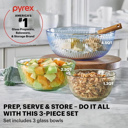 Pyrex Colors (3-Pack) Sculpted Tinted Unlidded Small/Medium/Large Glass Mixing Bowls, Nesting Space Saving Set of Bowls For Prepping and Baking, 1.3QT, 2.3QT & 4.5QT by Pyrex