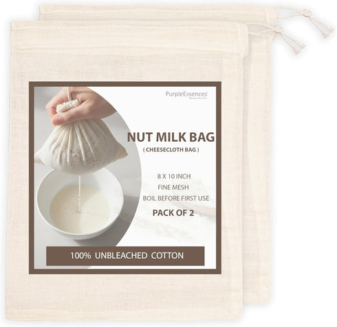 PurpleEssences Ultra-Dense Unbleached Cotton Nut Milk & Filter Bags Reusable Cheesecloth Drawstring
