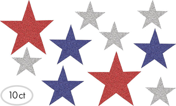 Patriotic Mini Cutouts - 4", 5.5", 7" (Pack of 10) - Red, White & Blue Glittered Stars