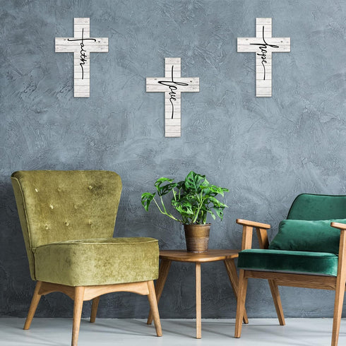 Jetec 3 Pieces Faith Love Hope Cross Sign - Rustic Wood Wall Hanging Decor, 12 x 8 Inch