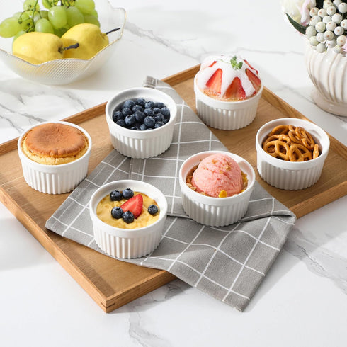 MALACASA Ramekins, 4 oz Oven Safe Porcelain Creme Brulee Cups, Set of 6 White Baking Bowls