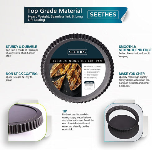 Tart Pan 9 Inch Black Carbon Steel, Non-Stick Quiche Pan with Removable Bottom & 10 Baking Parchments