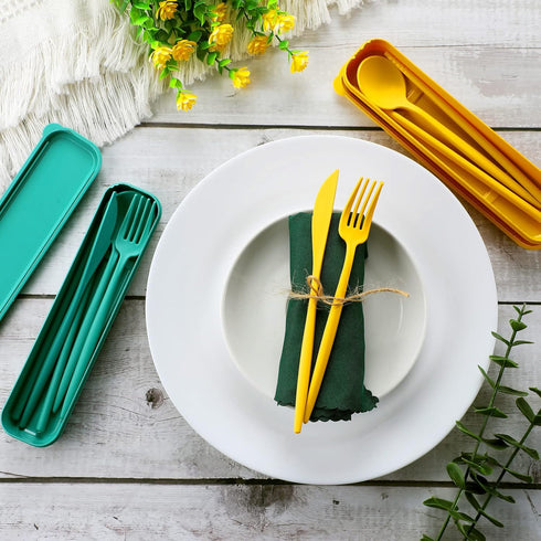 Tessco 12 Sets Reusable Travel Utensils with Case, Wheat Straw Picnic Flatware Sets