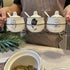 Set, 230 ML,3 Ceramic Spice & sugar Jars, with Lids Spoons and Shelf,Porcelain Condiment Kitchen Jar Spice Container