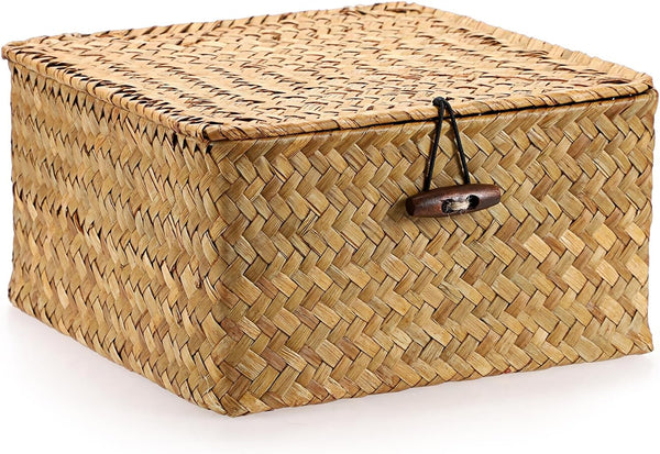 Hipiwe Wicker Shelf Basket Bin with Lid Square Handwoven Seagrass Box Decorative Household