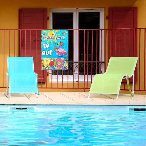 Welcome to Our Pool Tin Sign, Swimming Pool Metal Decor Gifts for Summer Garden, 12x8 Inch (Flamingo Pool)