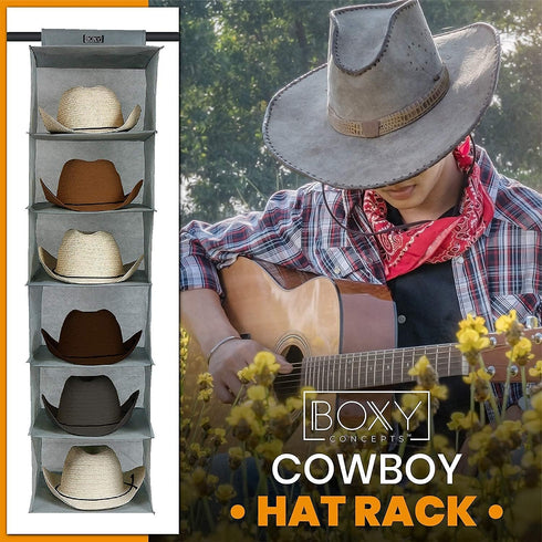 Boxy Concepts 6-Shelf Cowboy Hat Organizer Rack - 13in Wide X-Large Grey, Hat Rack for Wall Mount Hook & Loop
