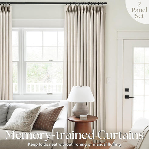 63 Inch 2 Set Pinch 63 Linen Curtains Panel for Living Room Natural Beige Pleat Curtain Memory Trained with Hook
