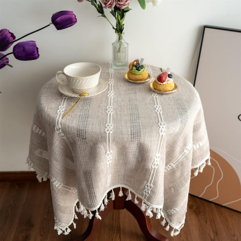 Gernaice 24x24 Inch Rustic Stripe Embroidered Tablecloth Heavy Small Square Tassel Cotton Linen Table Cloth Wrinkle