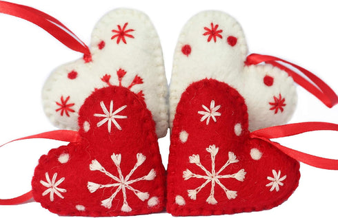 Hearts Christmas Ornaments Set of 4, 100% Pure New Zealand Wool Handmade Eco-Friendly Decor