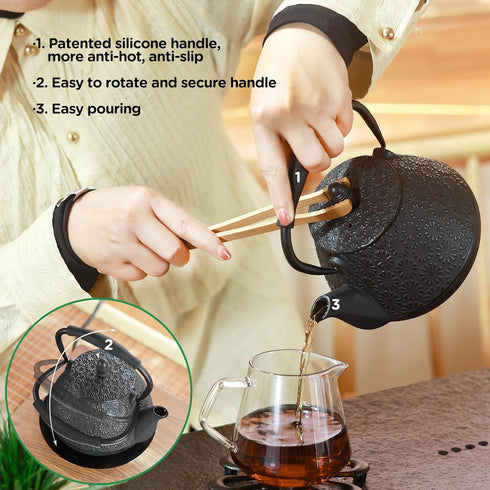 32oz 950ml Cast Iron Teapot, Japanese Sakura Blossom Pattern Tea Kettle, Stovetop Safe, Infuser for Loose Leaf
