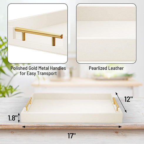 17" 12" ATZYmolin x Wood Serving Tray with Gold Polished Metal Handles, Home Decorative Wooden Rectangle Ottoman
