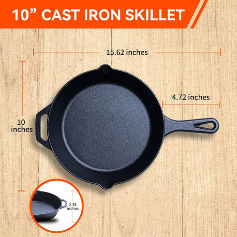 10 Inch Cast iron Skillet, Pre-Seasoned Cast Iron Pan with Two Silicone Handles, Deep Cast Iron Frying Pan for Stovetop, Induction, Oven, Campfire by Keleday