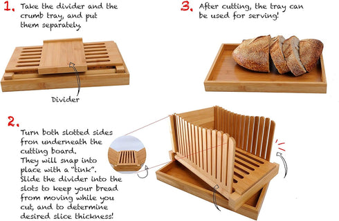 Kitchen Seven 3 Bamboo Bread Slicer with Crumb Tray Bamboo Bread Cutter for Homemade Bread, Loaf Cakes, Bagels Slicer
