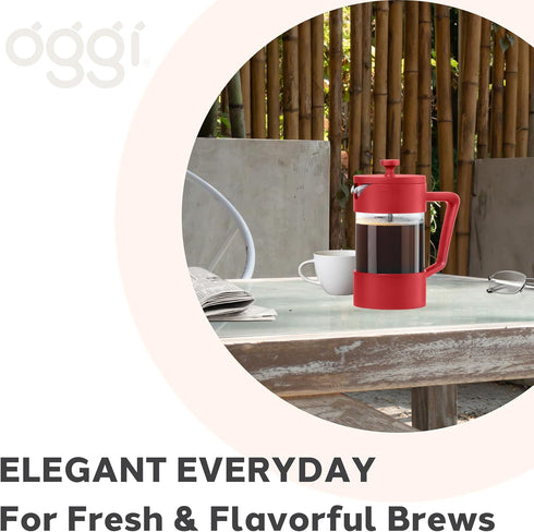 Oggi Borosilicate Glass French Press Coffee Maker (20oz), 5 Cup Capacity, Red with Stainless Steel Lid & Plunger