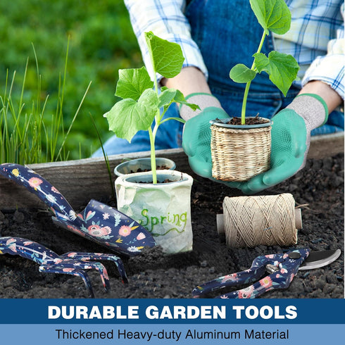 WORKPRO 5PCS Garden Tool Set, Heavy Duty Aluminum Tools with Garden Tool Bag, Blue Insect and Flower