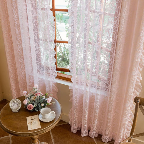 96 Inches 1 59 96 Inch TUDECO Pink Ruffle Curtains Long - Feminine Light Pink Sheer Floral Girly Curtains for Baby