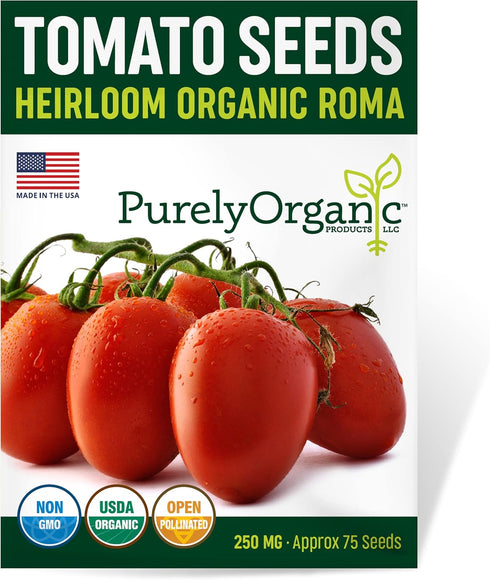 Purely Organic Products LLC Organic Tomato Seeds (Roma) - Approx 75 Seeds - USDA Organic, Non-GMO,