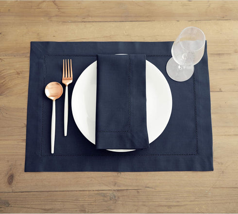 Solino Home Navy Placemats Set of 4, Cotton Linen Hemstitch Placemats 14 x 19 Inch for Summer, Fall