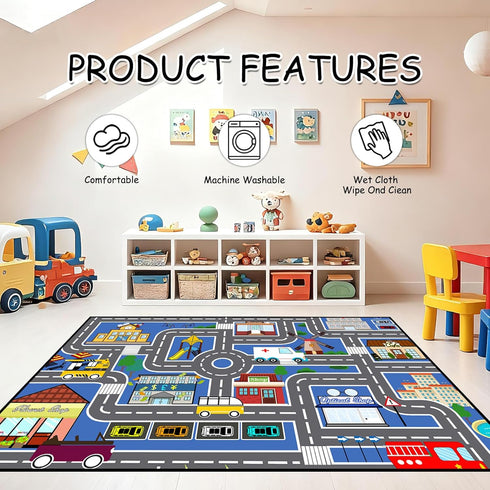 3'5' Car Track Rug Blue Road Rug for Kids, Car Traffic Road Play Mat for Kids Room Bedroom Decor