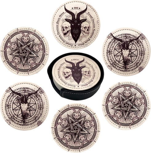 Yilad Set 6 Satan Goat Skull Coasters for Drinks with Holder Leather Coasters of for Coffee Table