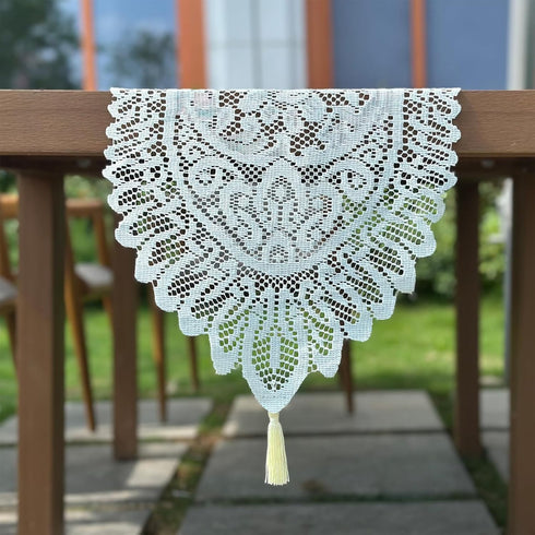 RHVQ 2Pcs Beige(13"x45") Lace Table Runners with Tassels, Farmhouse Boho Doily Vintage Floral Dollies for Tables