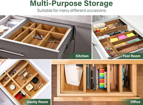 Kootek 8 Pcs Bamboo Drawer Organizer, Versatile Kitchen Storage Box with 4-Size Dividers for Cutlery and Utensils