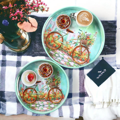 Set 2 Counter Crocon Round Wooden Ottoman Trays with Handles of Cycle Printed Farmhouse Decorative Serving Trays