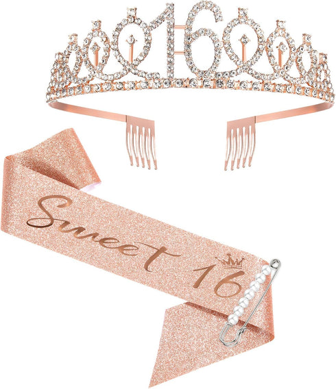 16th Birthday Sash Crown and Tiara for Girls, Sweet Sixteen Happy Birthday Sash 16 & Fabulous Party Supplies