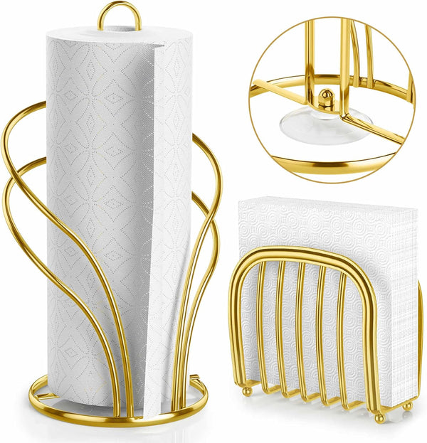 Stainless Steel Paper Towel Holder - Countertop Roll Holder and Napkin Holder Set, Standing with Weighted Base, Gold
